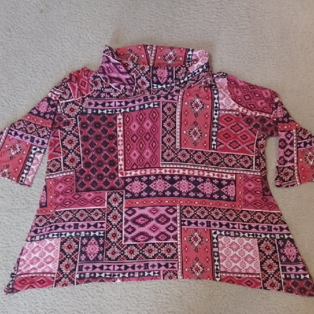 Women's Pink Patterned Funnel Neck Top